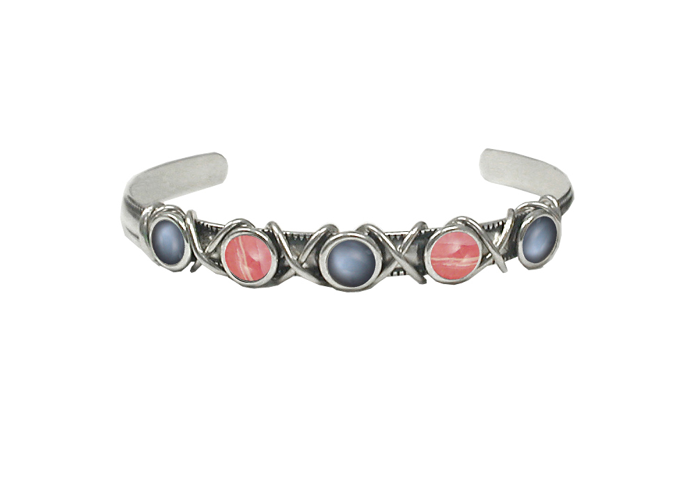 Sterling Silver Cuff Bracelet With Grey Moonstone And Rhodocrosite